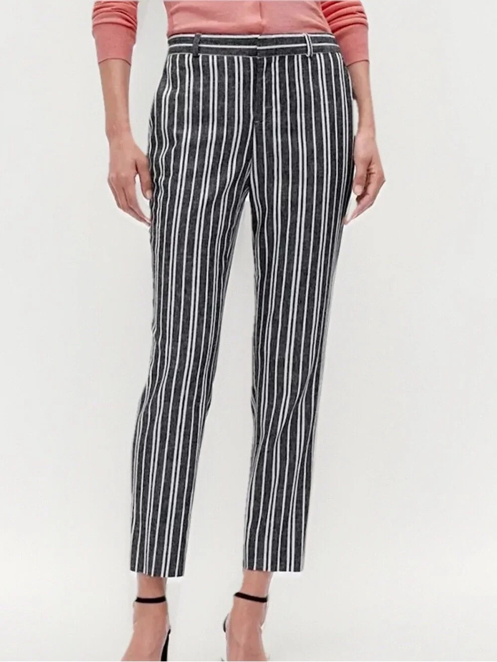 Banana Republic Avery Striped Linen Blend Pants Black White Ankle Length Size 10